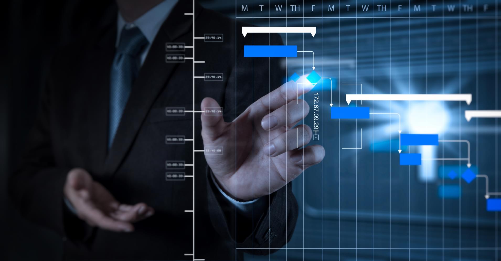 Project manager working and update tasks with milestones progress planning and Gantt chart scheduling diagram.businessman hand working with touch screen in action